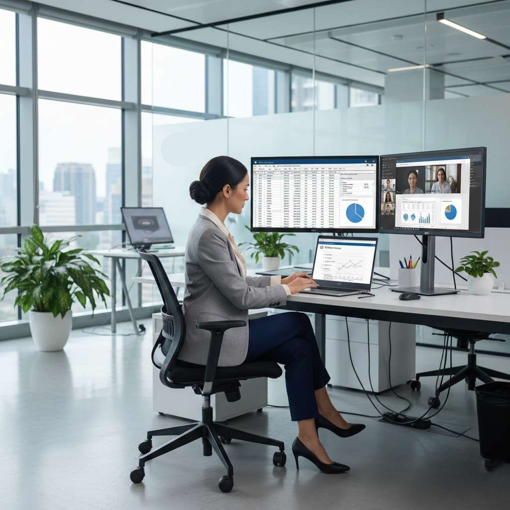 A confident female high-level professional, trained by Dot Institute, working on complex Microsoft Excel spreadsheets and Word documents on a dual-monitor setup in a modern, glass-walled MNC office.
