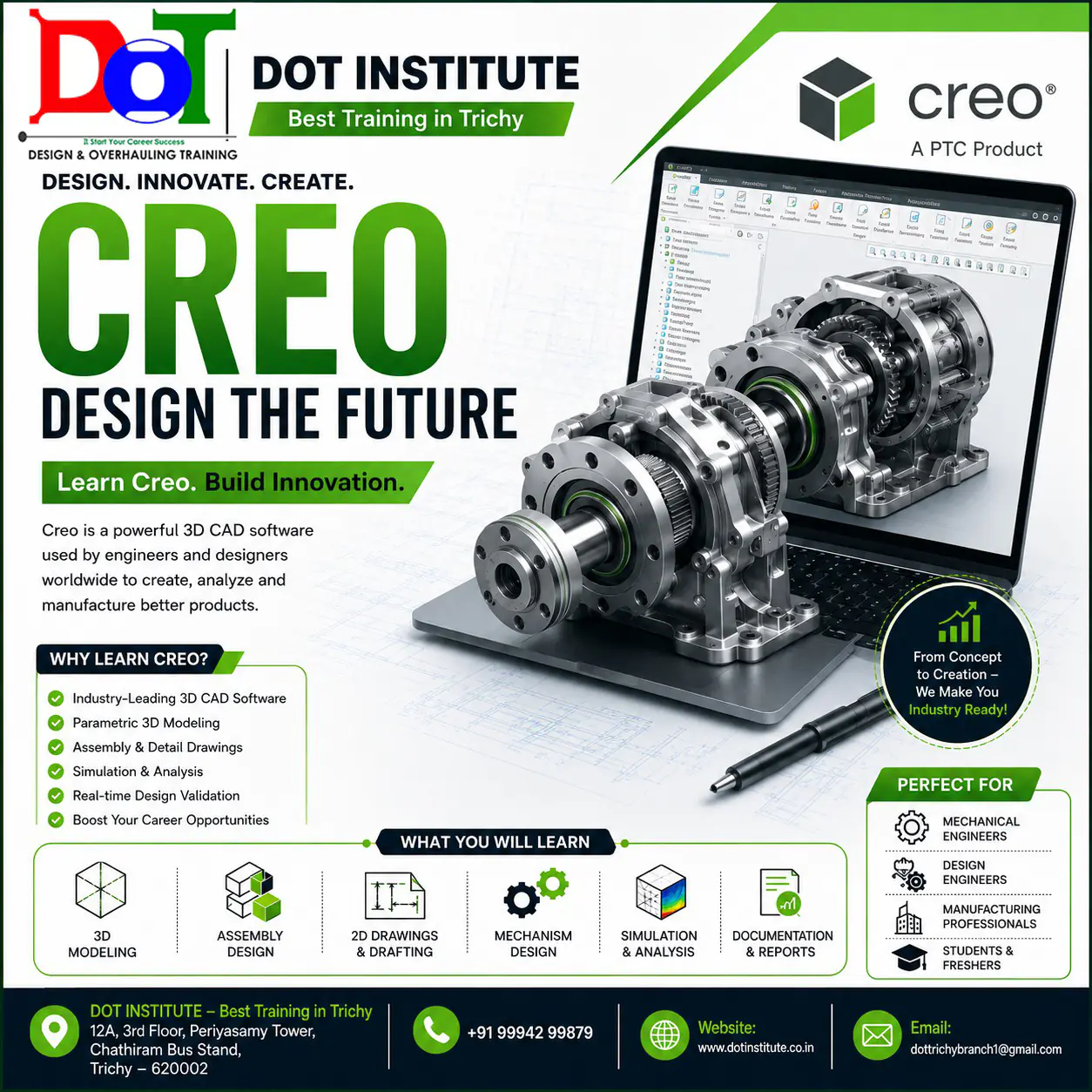 Student learning PTC Creo software at DOT Institute, the best Creo Training Institute in Trichy offering practical mechanical CAD training.