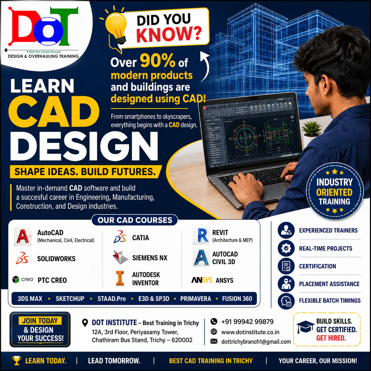 Student learning AutoCAD software at DOT Institute, the best CAD training institute in Trichy, offering AutoCAD, SolidWorks, CATIA, PTC Creo, Siemens NX CAD, Revit, Civil 3D, ANSYS, and engineering design courses with placement assistance.