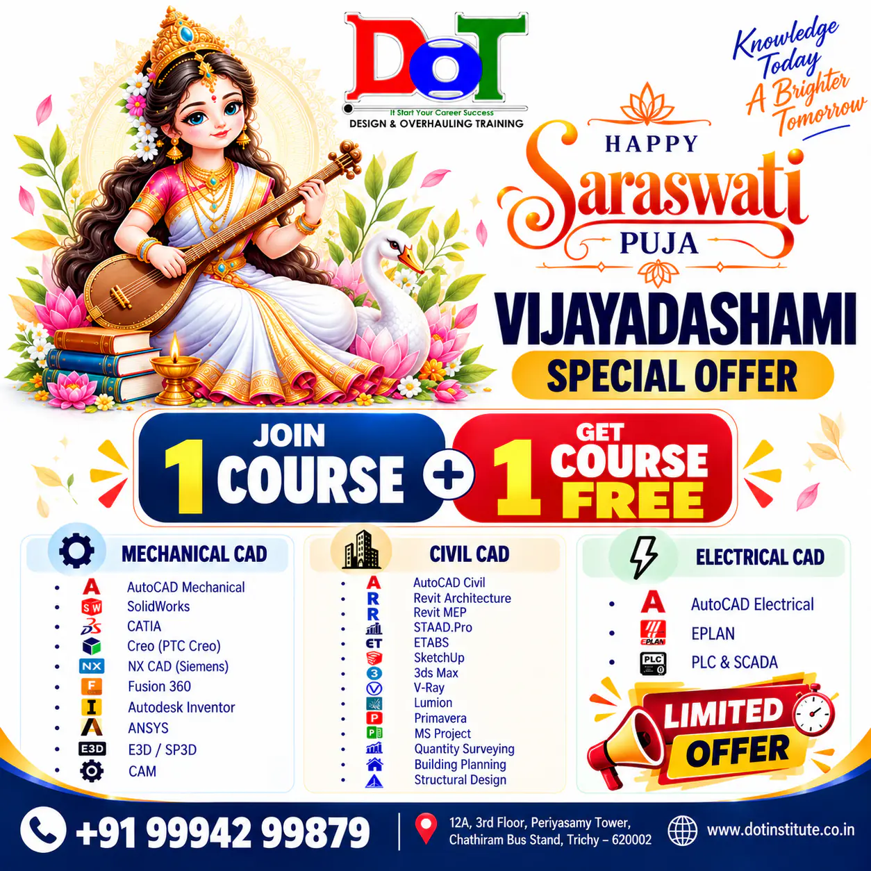 DOT Institute, Best CAD Training Institute in Trichy, Saraswati Puja and Vijayadashami 2026 offer for AutoCAD, SolidWorks, Mechanical CAD, Civil CAD and Electrical CAD courses.